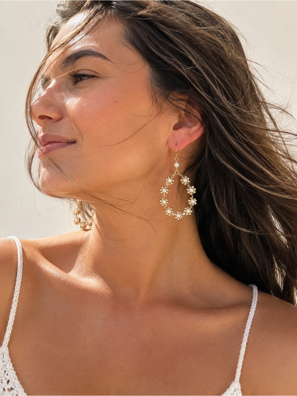 Wildflower Boho Gold and Pearl Floral Hoop Earrings